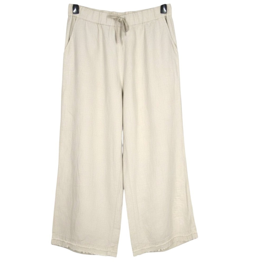 SHARON YOUNG Tan LINEN High-Waisted ANKLE WIDE LEG Frayed Hem POCKETS Pants XL